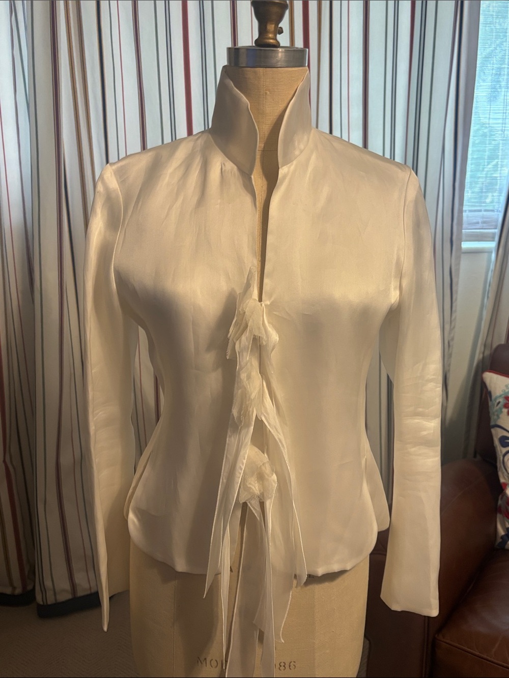 Jack Rogers Cream Silk Ruffle-Front Blouse